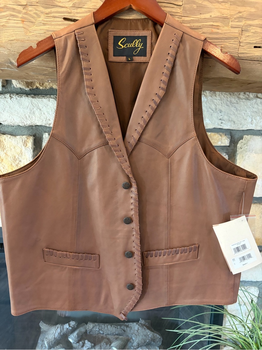Scully Brown Leather Button-Front Vest with buckstitch Trim